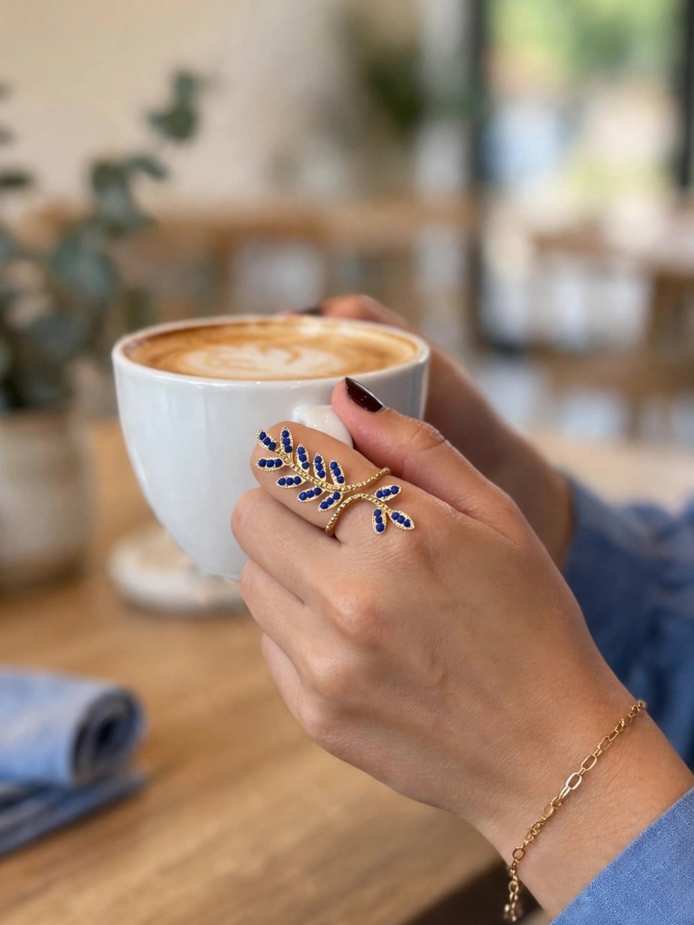 Gold Leaf Statement Ring with Blue Stones - Women Jewelry